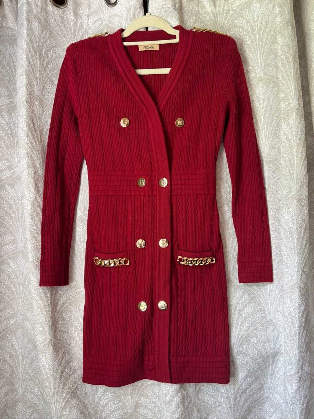 Pegasi Daphne Burgundy Knit Mini Sweater Dress Gold Chain Detail